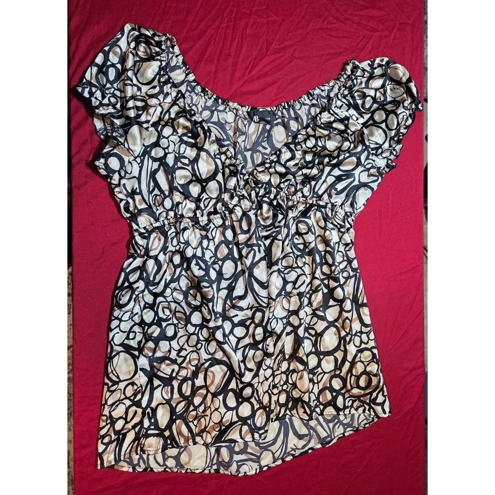 361 AB Studio Women's L Abstract Print Peasant Blouse Top Beige Black Brown...